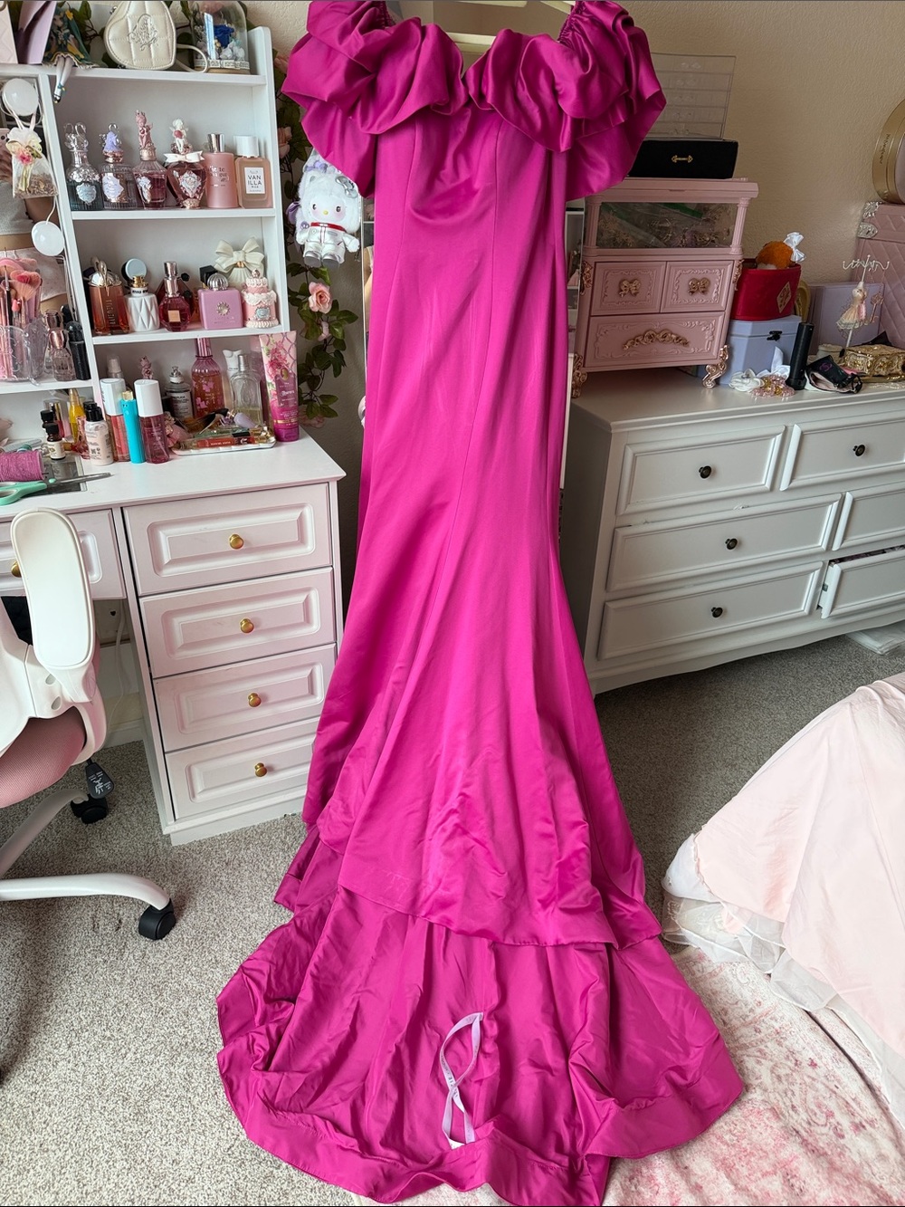 Azazie x Kendall and Kylie Hot Pink Ruffled Off-Shoulder Gown